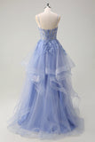 Dusty Blue A Line Spaghetti Straps Corset Ruffled Prom Dress