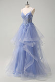 Dusty Blue A Line Spaghetti Straps Corset Ruffled Prom Dress