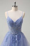 Dusty Blue A Line Spaghetti Straps Corset Ruffled Prom Dress