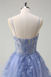 Dusty Blue A Line Spaghetti Straps Corset Ruffled Prom Dress