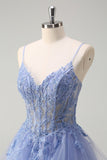 Dusty Blue A Line Spaghetti Straps Corset Ruffled Prom Dress