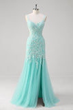 Mint Spaghetti Straps Applique Tulle Mermaid Prom Dress with Slit