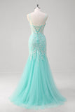 Mint Spaghetti Straps Applique Tulle Mermaid Prom Dress with Slit