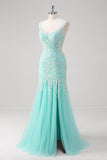 Mint Spaghetti Straps Applique Tulle Mermaid Prom Dress with Slit