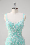 Mint Spaghetti Straps Applique Tulle Mermaid Prom Dress with Slit