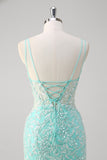 Mint Spaghetti Straps Applique Tulle Mermaid Prom Dress with Slit