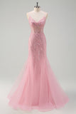 Pink Spaghetti Straps Tulle Mermaid Prom Dress with Beading