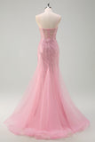 Pink Spaghetti Straps Tulle Mermaid Prom Dress with Beading