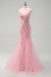 Pink Spaghetti Straps Tulle Mermaid Prom Dress with Beading