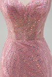 Pink Spaghetti Straps Tulle Mermaid Prom Dress with Beading