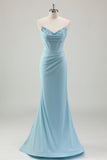 Blue Mermaid Beaded Prom Dress with Lace Up Back