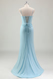 Blue Mermaid Beaded Prom Dress with Lace Up Back