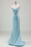 Blue Mermaid Beaded Prom Dress with Lace Up Back