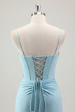 Blue Mermaid Beaded Prom Dress with Lace Up Back