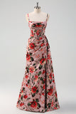 Pink Red Flower Mermaid Spaghetti Strap Prom Dress with Slit