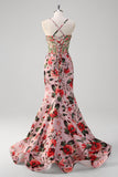 Blush Spaghetti Straps Mermaid Floral Printed Prom Dress