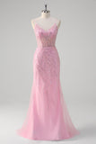 Pink Sequined Mermaid Prom Dress with Beading