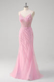 Pink Sequined Mermaid Prom Dress with Beading