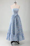 Blue Strapless Floral Printed A-Line Prom Dress with Sash