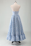 Blue Strapless Floral Printed A-Line Prom Dress with Sash