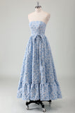 Blue Strapless Floral Printed A-Line Prom Dress with Sash