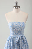 Blue Strapless Floral Printed A-Line Prom Dress with Sash