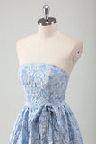 Blue Strapless Floral Printed A-Line Prom Dress with Sash