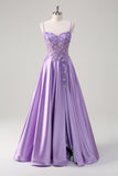 Purple Corset Applique Beaded A-Line Satin Prom Dress with Slit