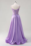 Purple Corset Applique Beaded A-Line Satin Prom Dress with Slit