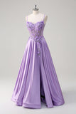 Purple Corset Applique Beaded A-Line Satin Prom Dress with Slit