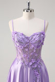 Purple Corset Applique Beaded A-Line Satin Prom Dress with Slit