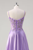 Purple Corset Applique Beaded A-Line Satin Prom Dress with Slit