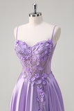 Purple Corset Applique Beaded A-Line Satin Prom Dress with Slit