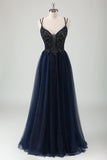 Glitter Navy Spaghetti Straps Beaded A-Line Tulle Prom Dress