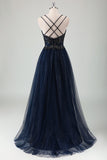 Glitter Navy Spaghetti Straps Beaded A-Line Tulle Prom Dress