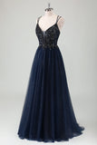 Glitter Navy Spaghetti Straps Beaded A-Line Tulle Prom Dress