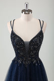 Glitter Navy Spaghetti Straps Beaded A-Line Tulle Prom Dress