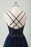 Glitter Navy Spaghetti Straps Beaded A-Line Tulle Prom Dress