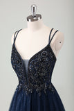 Glitter Navy Spaghetti Straps Beaded A-Line Tulle Prom Dress