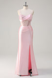 Pink Spaghetti Straps Hollow Out Corset Satin Prom Dress with Slit