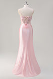 Pink Spaghetti Straps Hollow Out Corset Satin Prom Dress with Slit