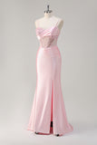 Pink Spaghetti Straps Hollow Out Corset Satin Prom Dress with Slit