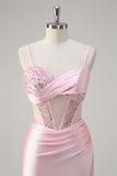 Pink Spaghetti Straps Hollow Out Corset Satin Prom Dress with Slit