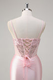 Pink Spaghetti Straps Hollow Out Corset Satin Prom Dress with Slit