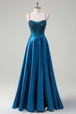 Blue Spaghetti Straps Beaded Satin A-Line Prom Dress with Slit