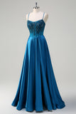 Blue Spaghetti Straps Beaded Satin A-Line Prom Dress with Slit