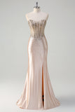 Champagne Strapless Beaded Satin Mermaid Prom Dress with Slit