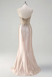 Champagne Strapless Beaded Satin Mermaid Prom Dress with Slit