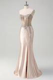 Champagne Strapless Beaded Satin Mermaid Prom Dress with Slit