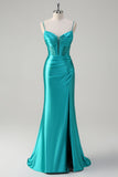 Peacock Pleated Mermaid Beaded Satin Prom Dress with Slit